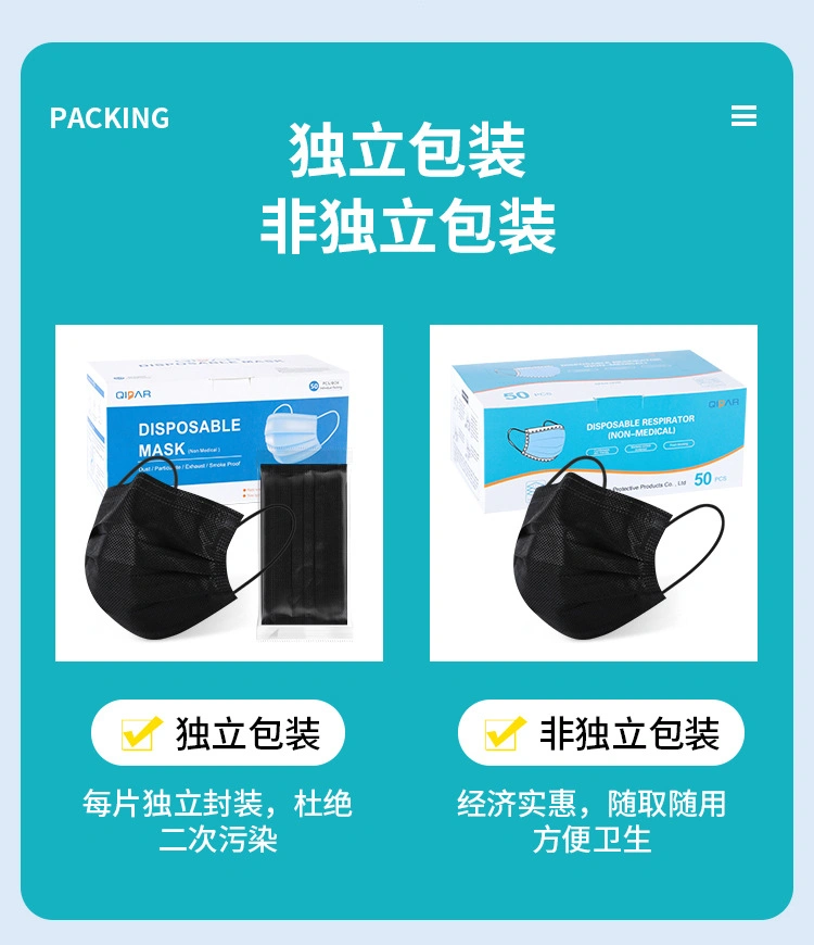 Factory Sell Black Face Mask 3 Ply Non Woven Disposable Civil Face Mask Skin Care and Waterproof, Dust Proof